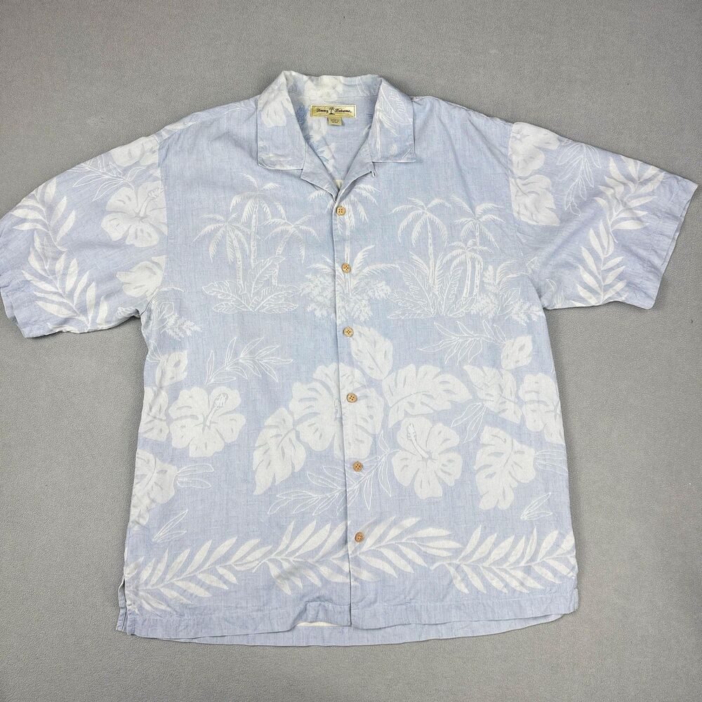 Tommy Bahama Shirt Mens Large Blue 100% Silk Hawaiian Floral Camp Button Up